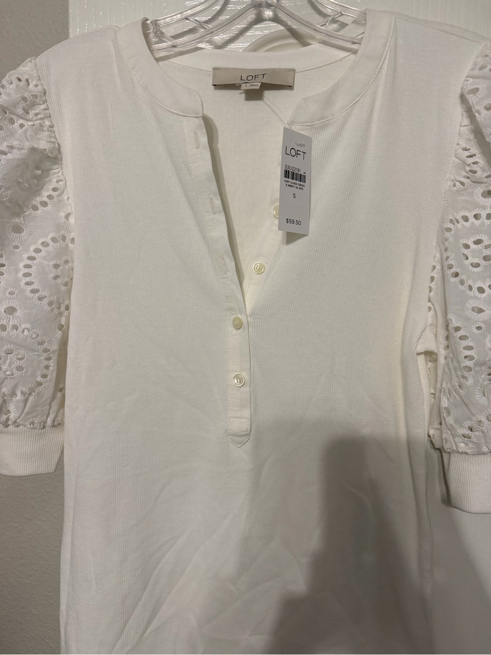 LOFT Women's White Eyelet Sleeve Henley Top mixed media small NWT
